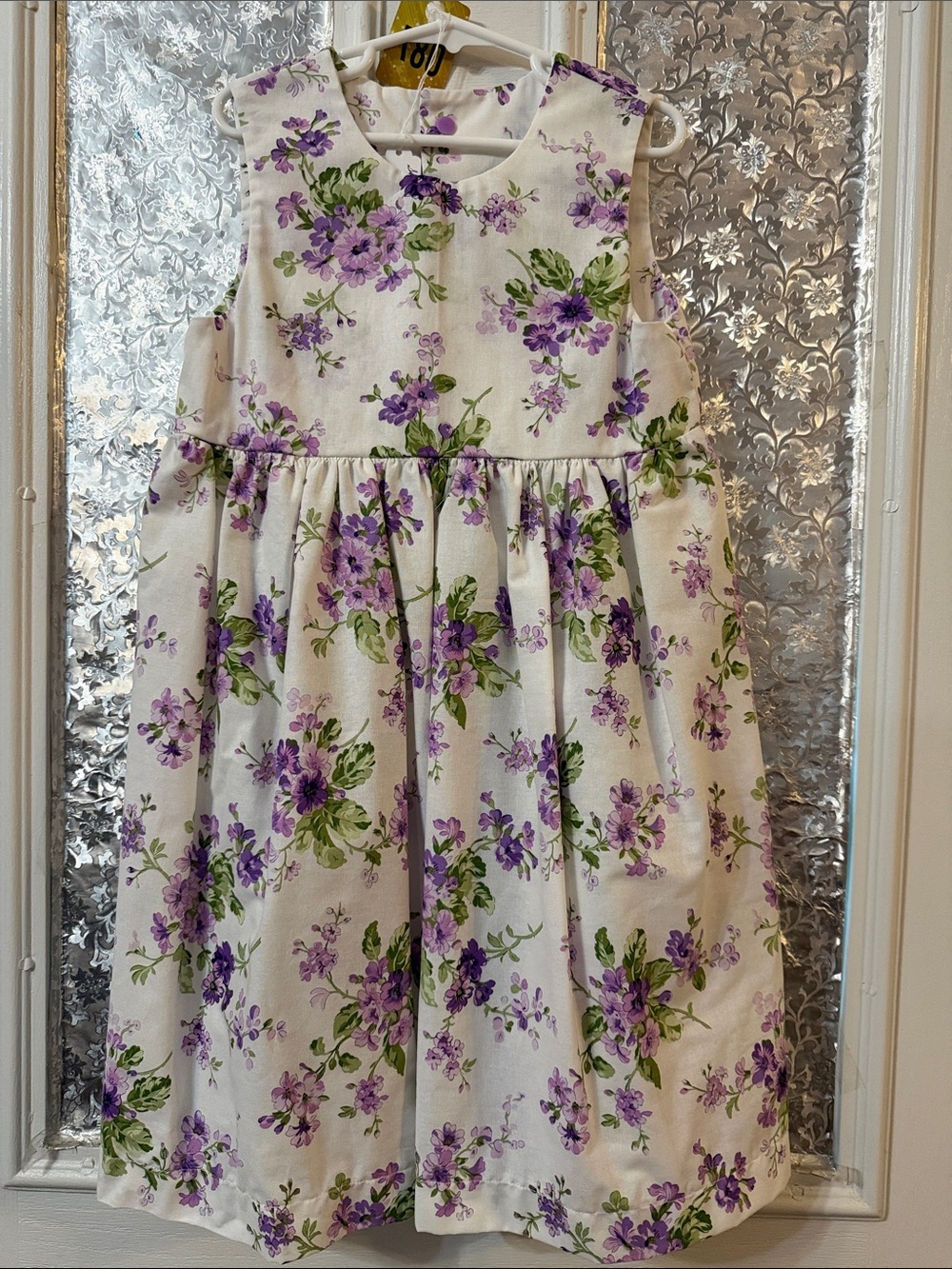 White Floral Girls' Dress with Purple and Green Print